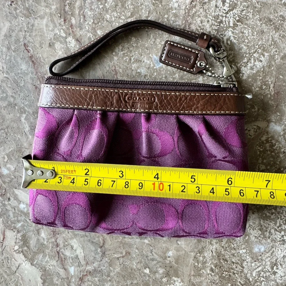 Coach Purple Logo Wristlet Bag with Brown Trim and Wrist Strap